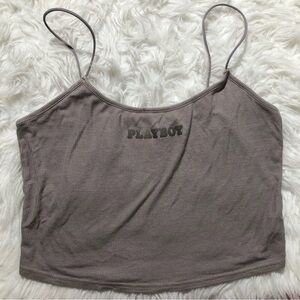 Playboy cropped tank top Large L ribbed crop tops summer spring grey brown graph